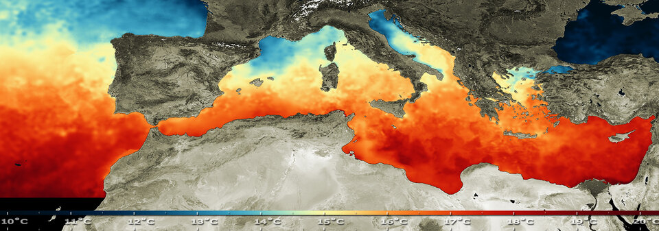 Die Sentinel 3-Satelliten liefern genaue Oberflächentemperaturen der Meeresoberfläche (im Bild das Mittelmeer)