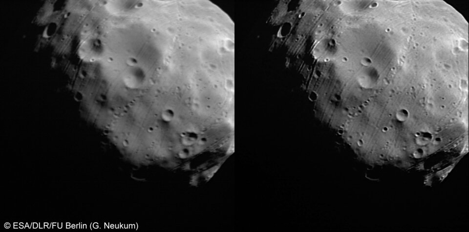 Marsmond Phobos alsRohbild (links) und bearbeitetes Bild