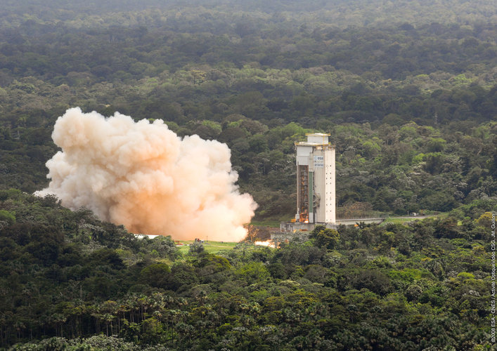 A test firing of an Ariane 5 solid rocket booster at Kourou, French Guiana, in June 2008