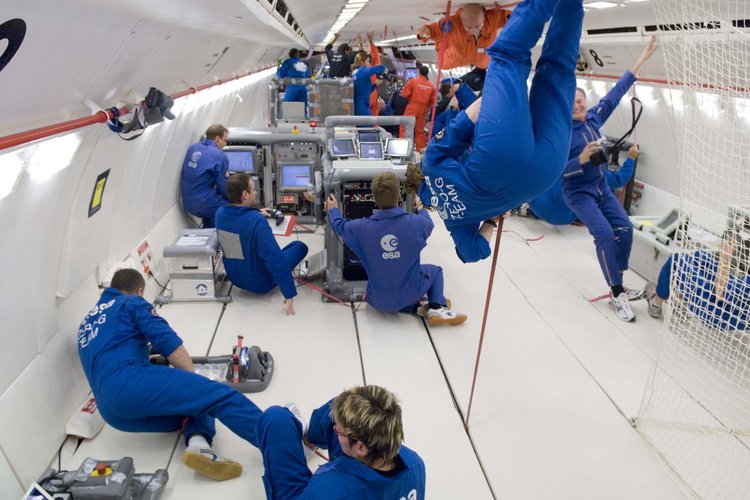 A view inside the 'Zero G' cabin during the microgravity phase of a parabola