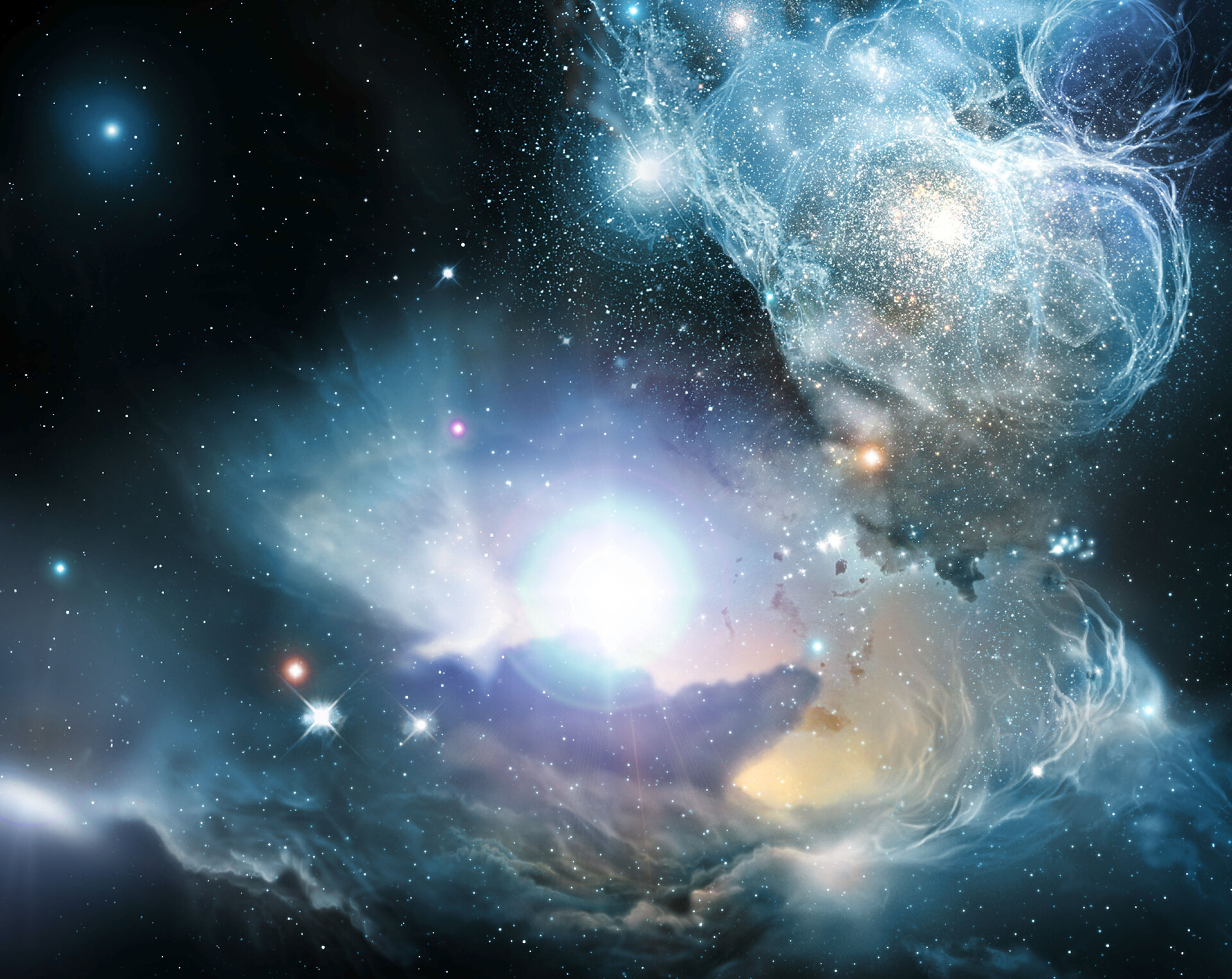 Artist impression of a quasar located in a primeval galaxy, around 900 million years after the Big Bang