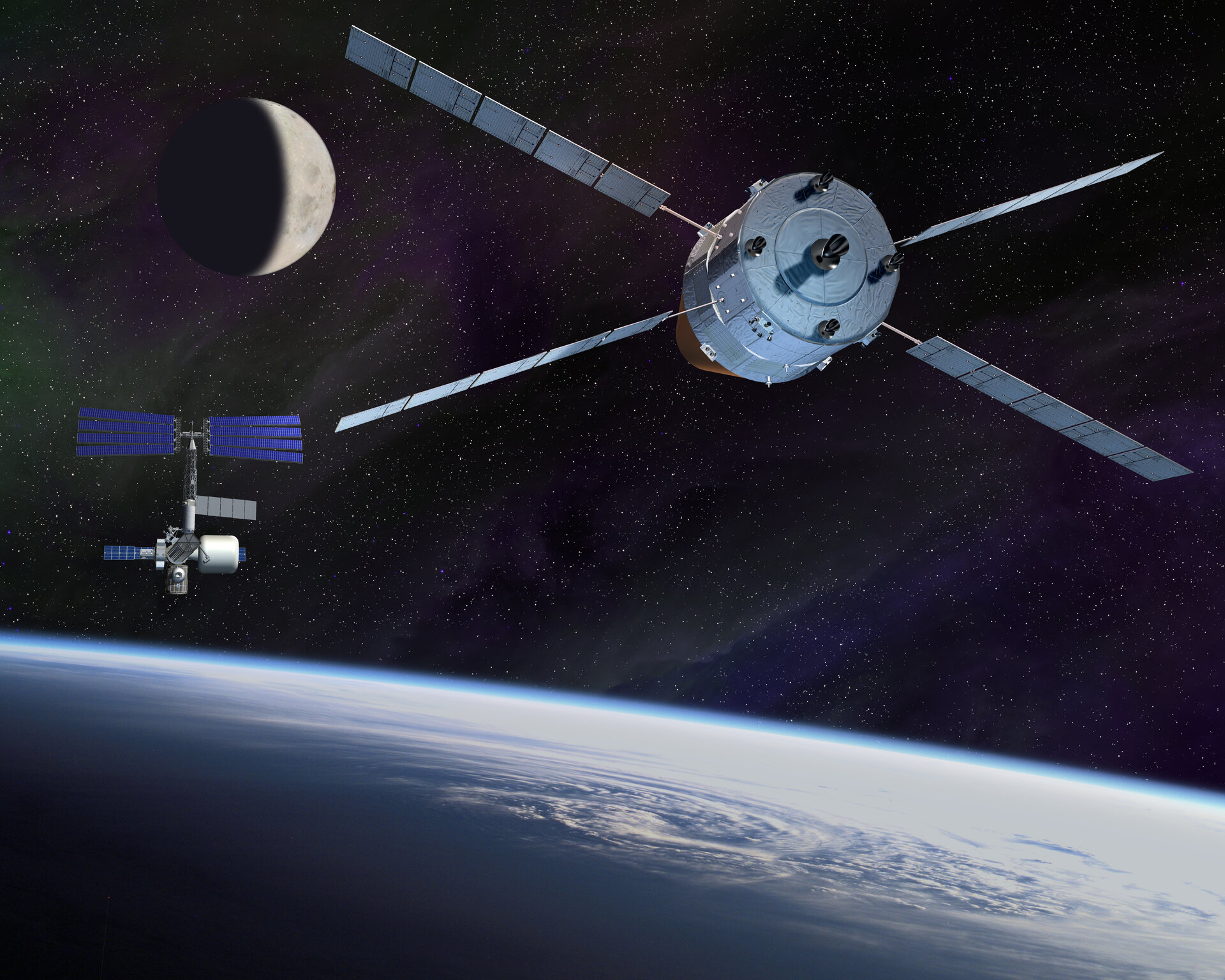 Artist impression of an ATV-based Advanced Reentry Vehicle approaching a future space station