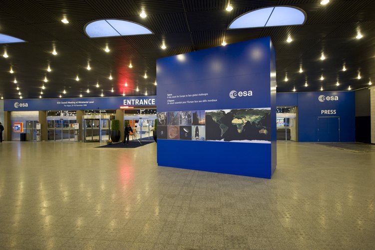 Interior entrance of the World Forum Convention Centre, hosting the ESA Ministerial Council