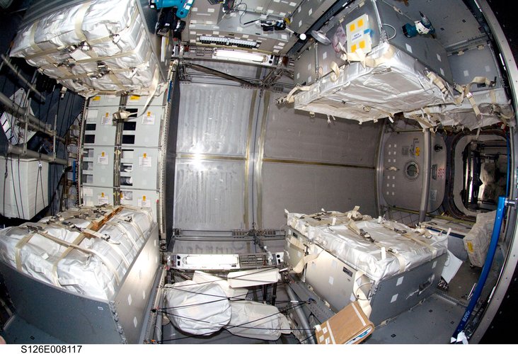 Interior view of the Italian-built Leonardo Multi-Purpose Logistics Module attached to the ISS