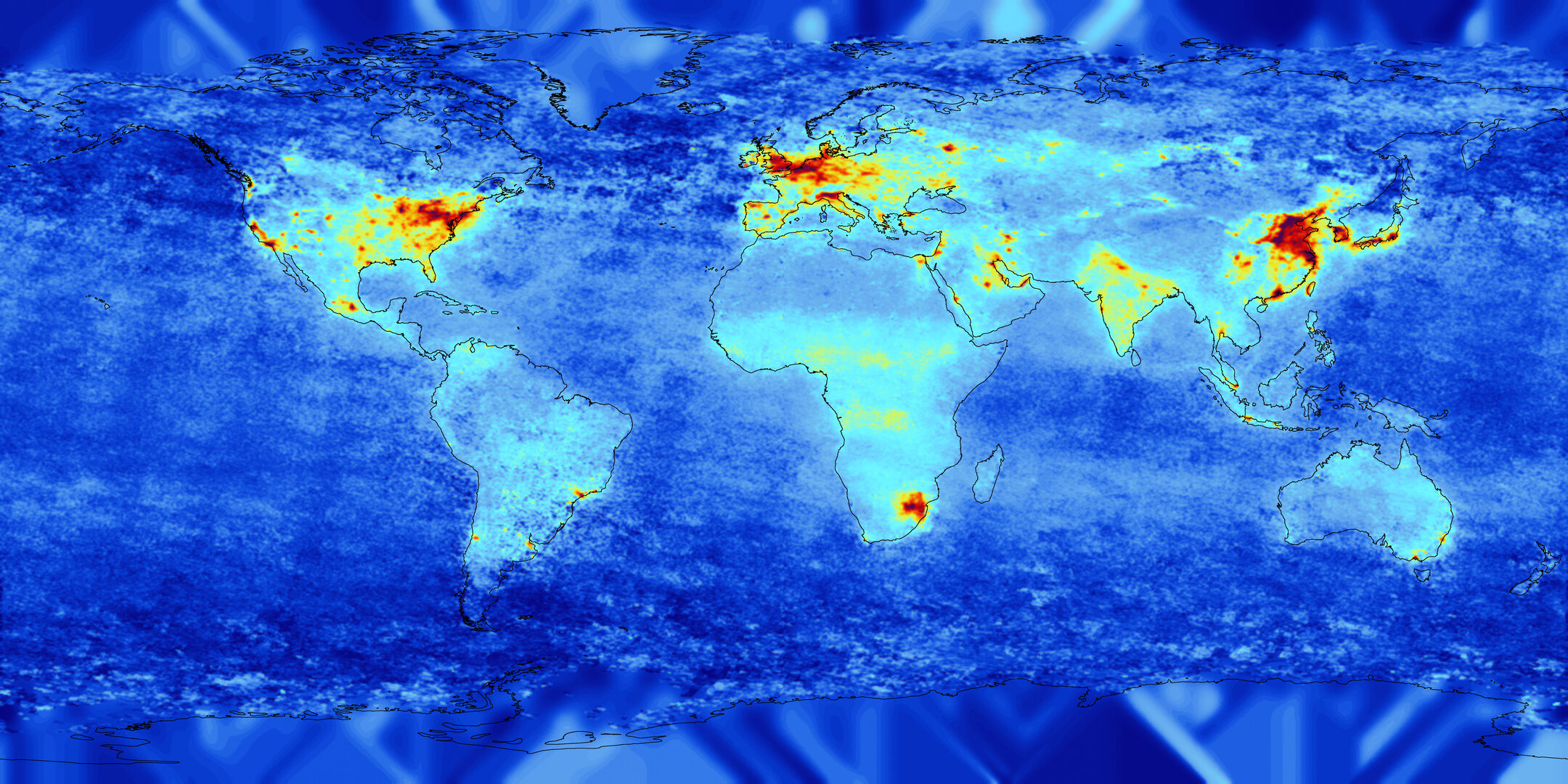 Satellite measurements showing nitrogen dioxide (NO2) as large-scale pollutant. NO2 is produced by burning fossil fuels