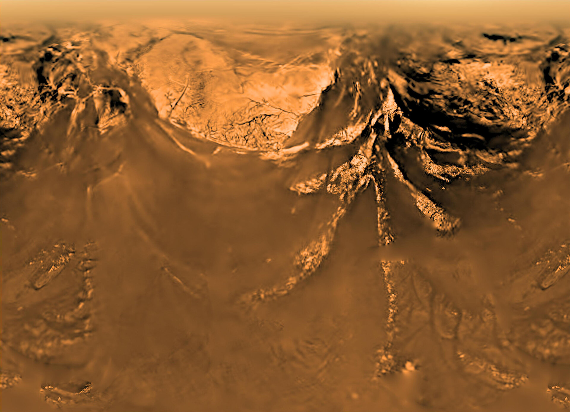 The surface of Saturn's moon Titan, seen from ESA's Huygens probe as it descended to land in 2005