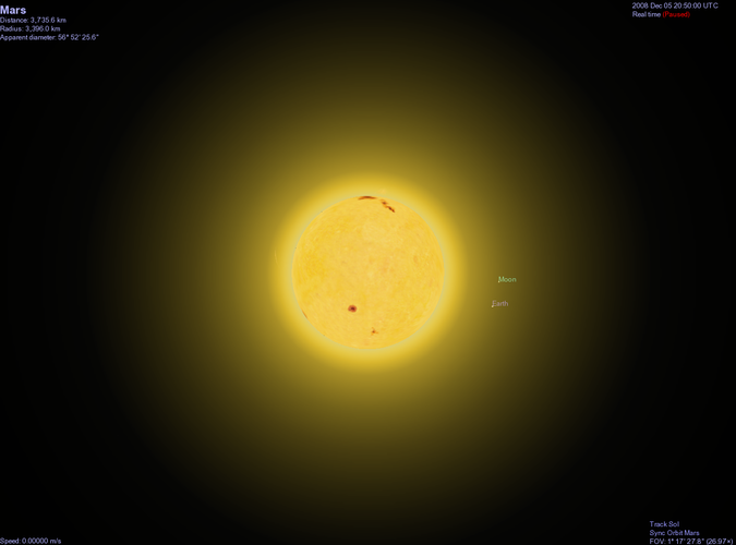 Generated view of Earth/Moon as seen from Mars - looking past the Sun