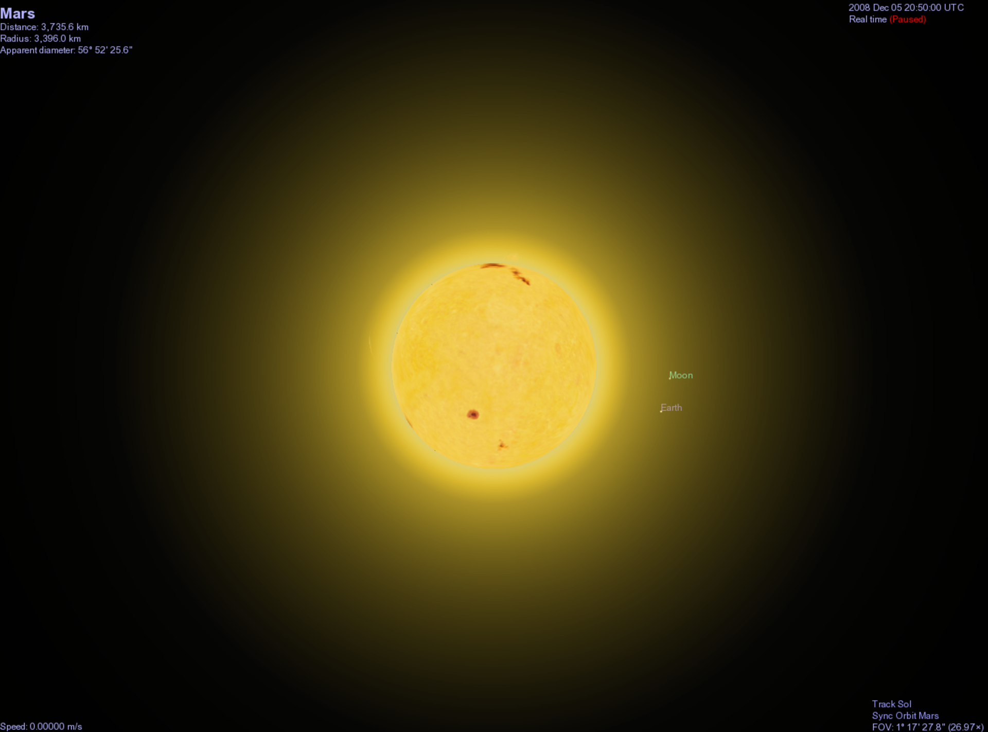Generated view of Earth/Moon as seen from Mars - looking past the Sun (click for larger version)