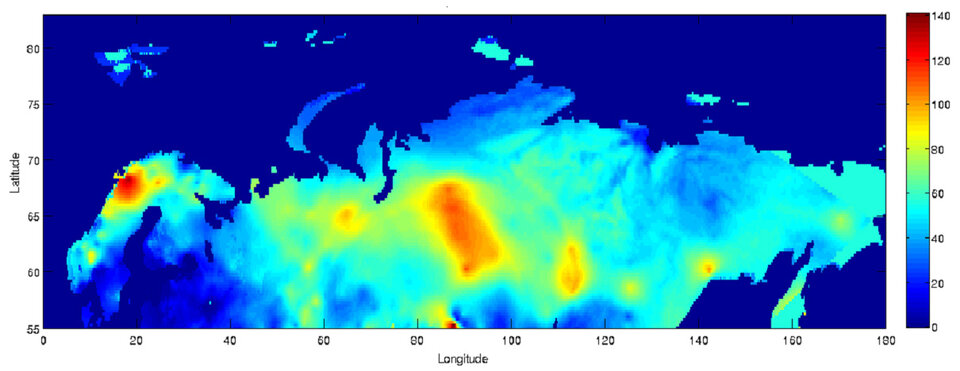 Lumen syvyys kartalla Euraasian alueella