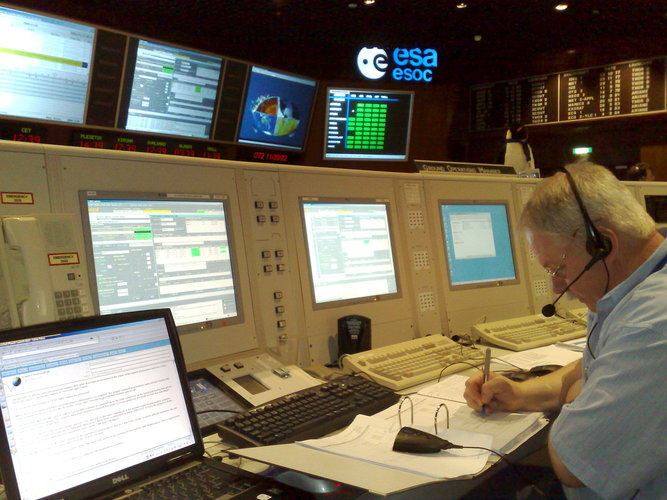 Working on console during final GOCE rehearsal