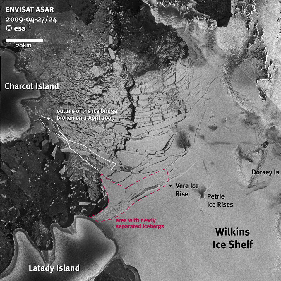 Envisat images of collapsed ice bridge in Antarctica