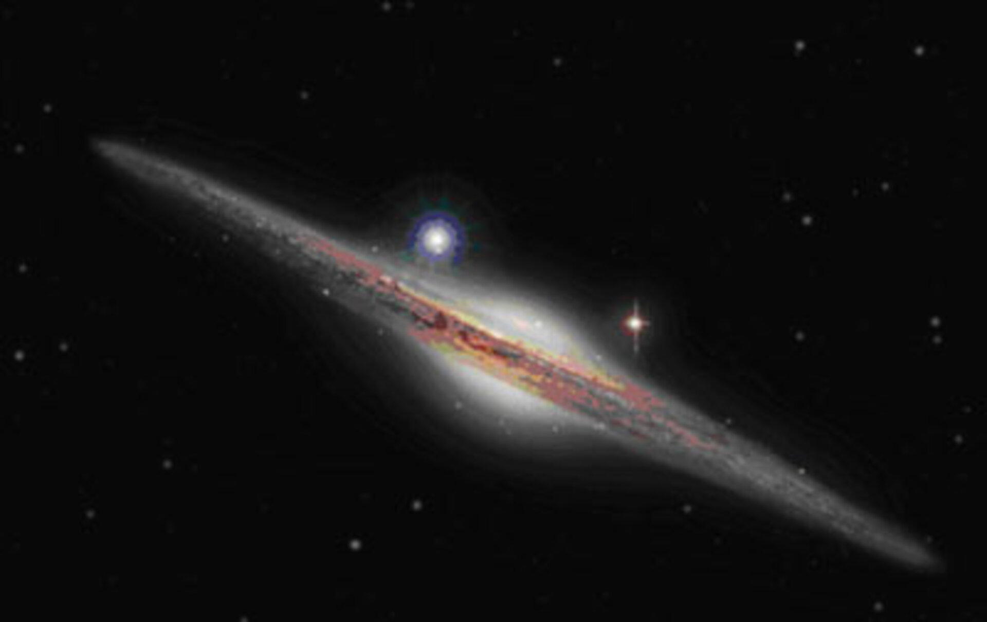 Impresión artística de una galaxia y el HLX-1 (estrella azul a la izquierda)