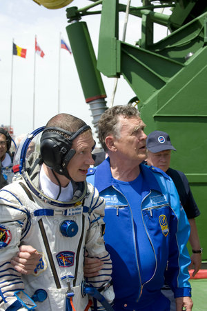 ESA astronaut Frank De Winne prepares to take the elevator to the top of the Soyuz rocket