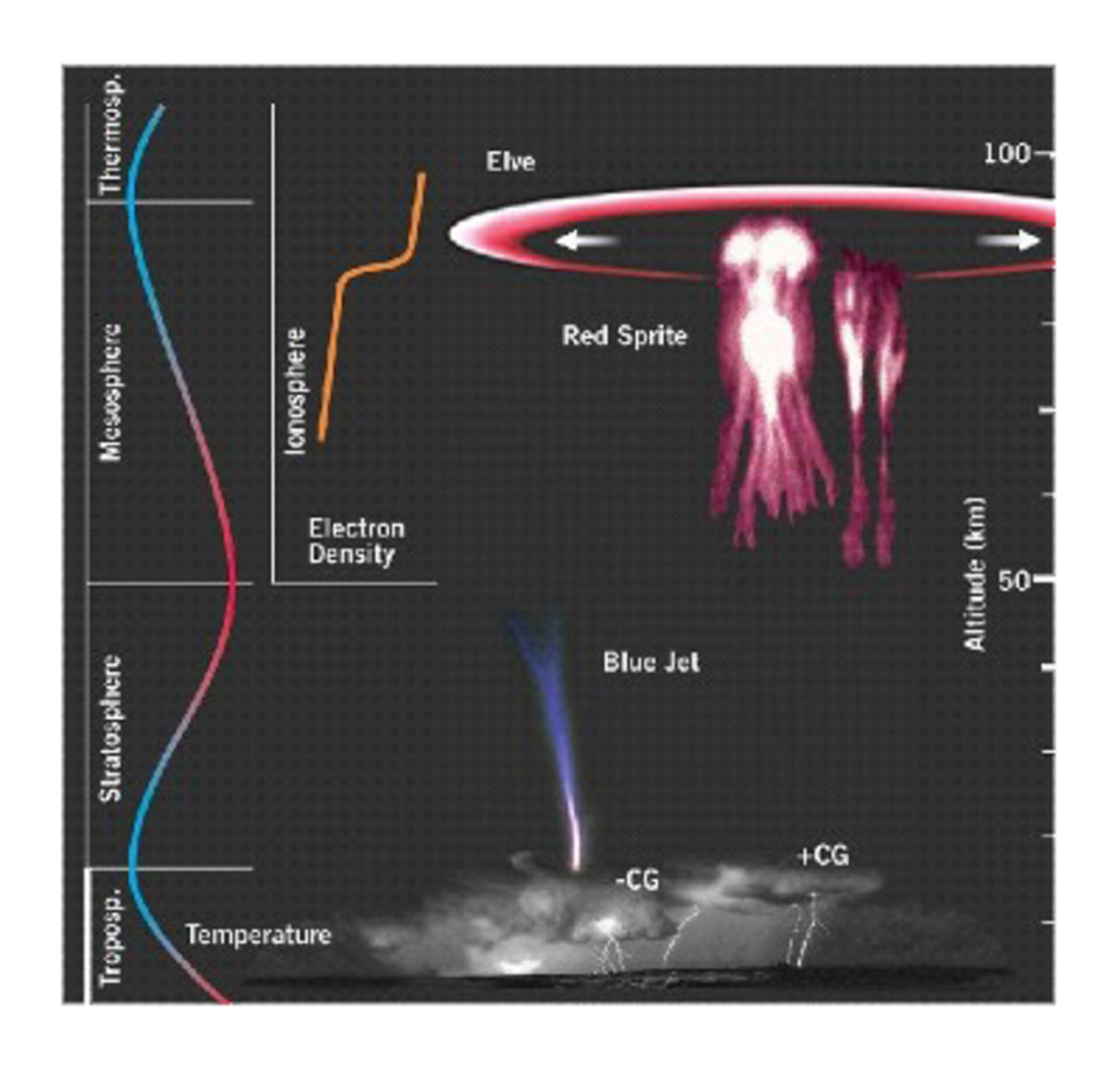 Illustration of the various high altitude lightening discharge phenomena