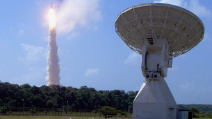 Ariane 5 flight V188 rises above ESA's Estrack station in Kourou, French Guyana