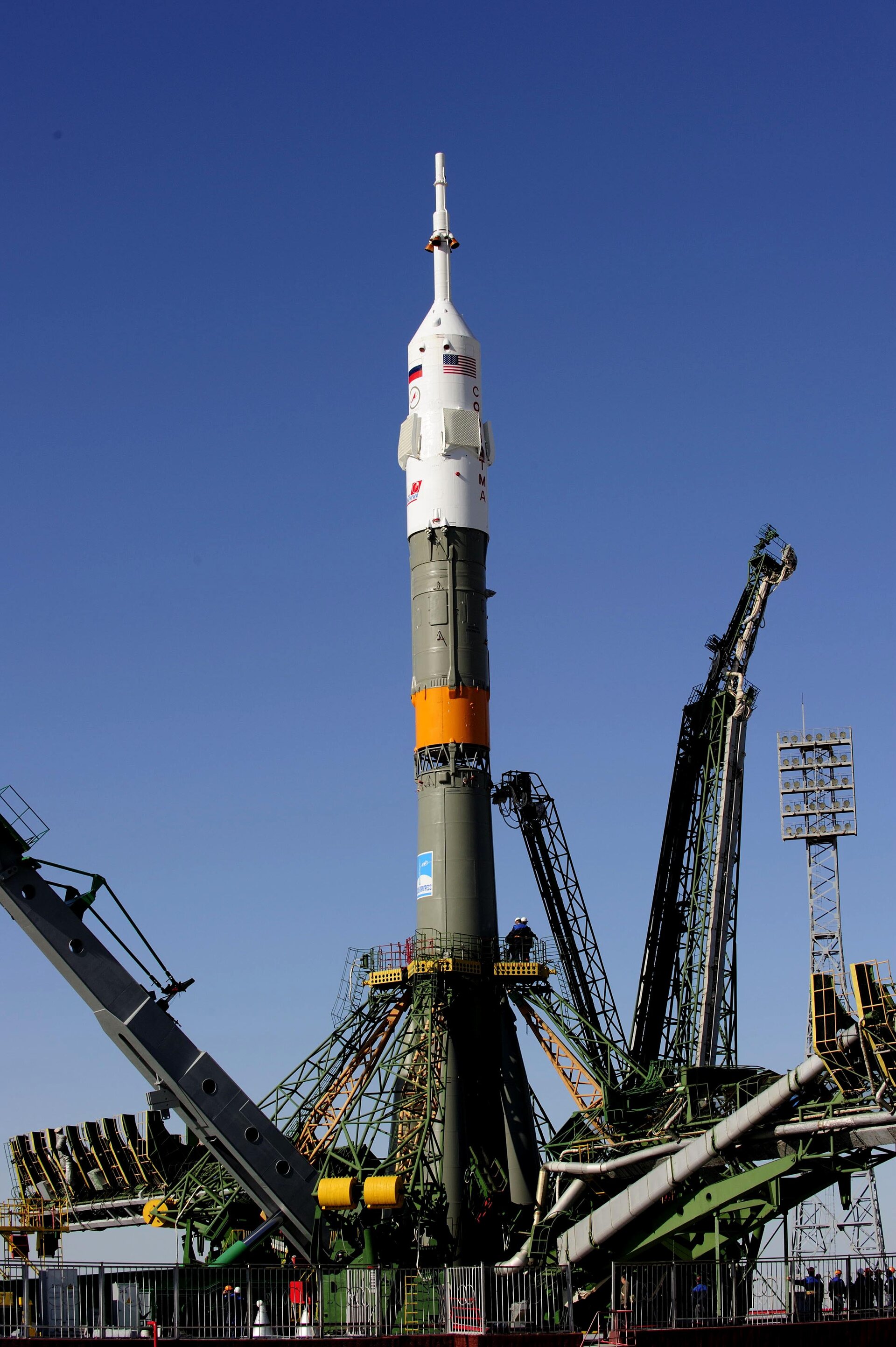 Soyuz launcher is erected on the launch pad