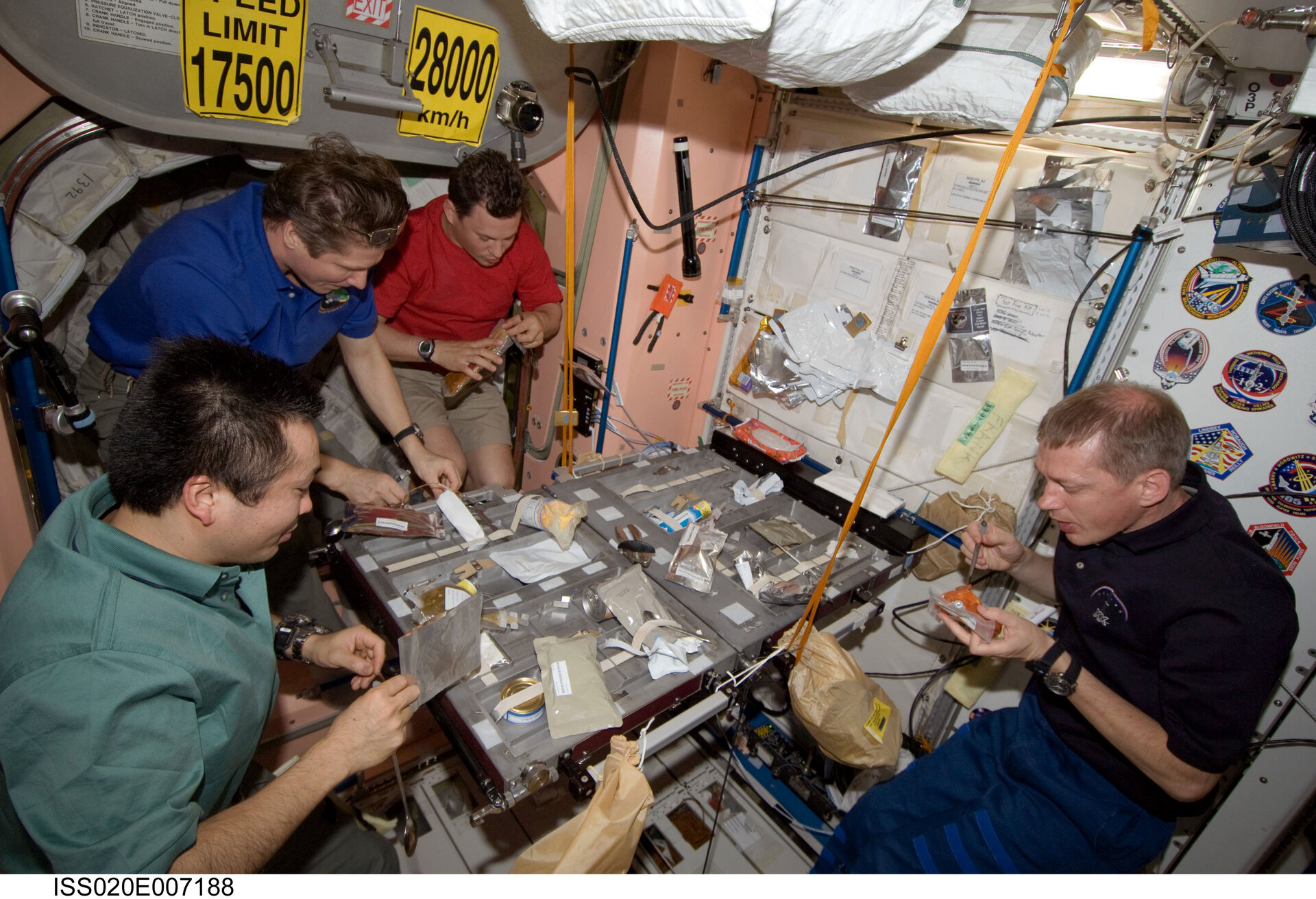 Expedition 20 crewmembers share a meal in the Unity module