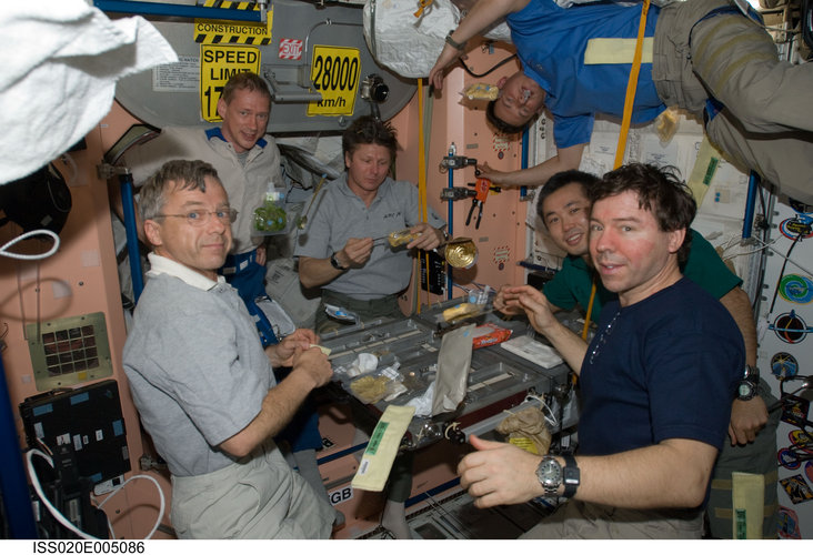Expedition 20 crewmembers share a meal in the Unity node of the ISS