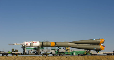 Horizontal rollout of Soyuz launch vehicle and TMA-15 spacecraft