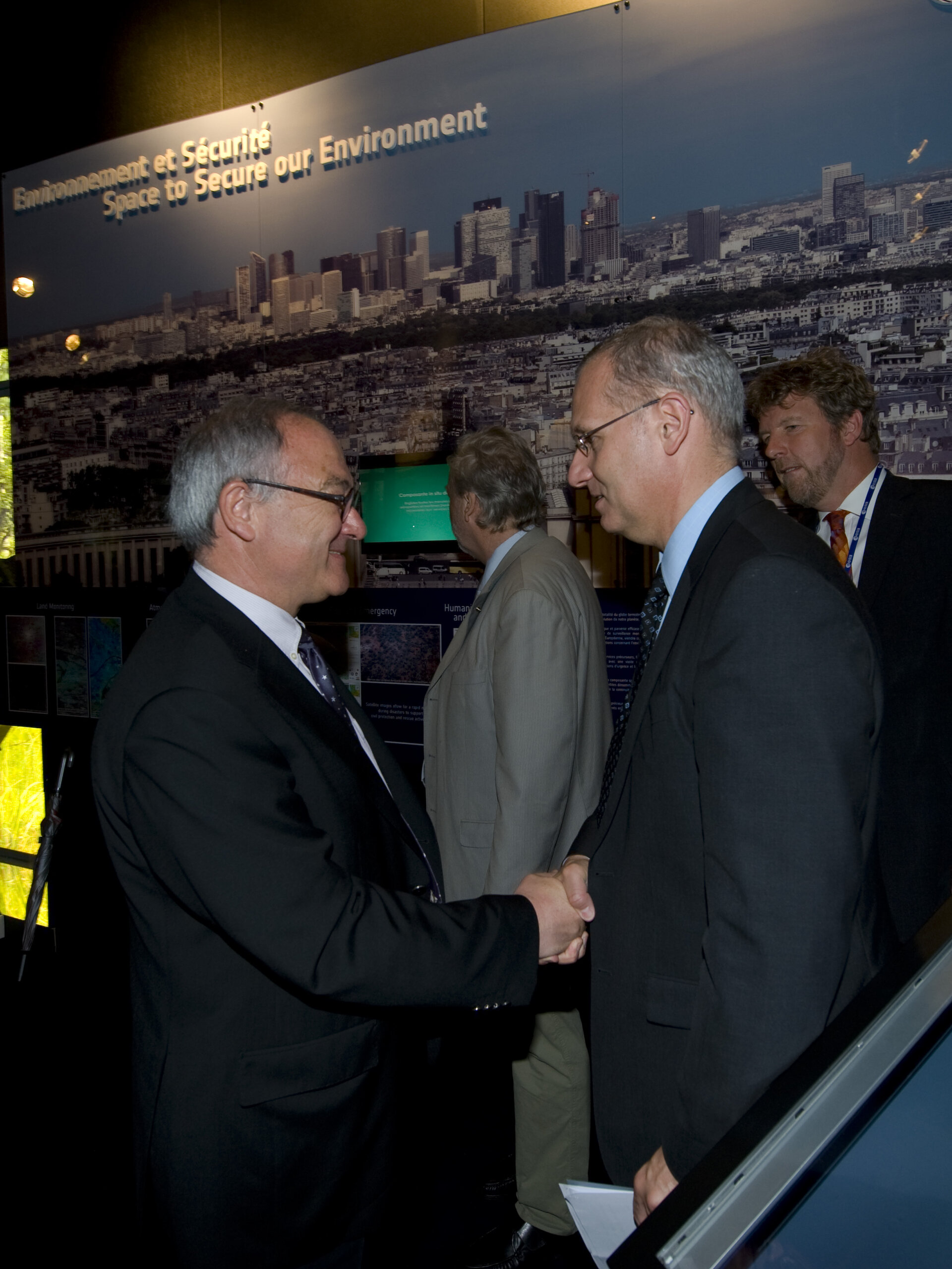 Mr Dordain welcomes Mr Jean-Yves Le Gall to the ESA Pavilion at Le Bourget
