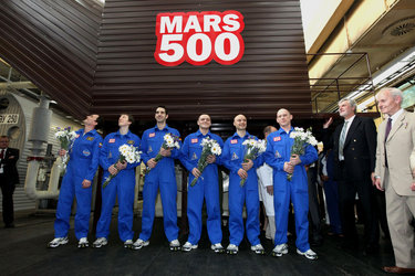 The Mars500 crew shortly after completing their 105-day Mars mission simulation