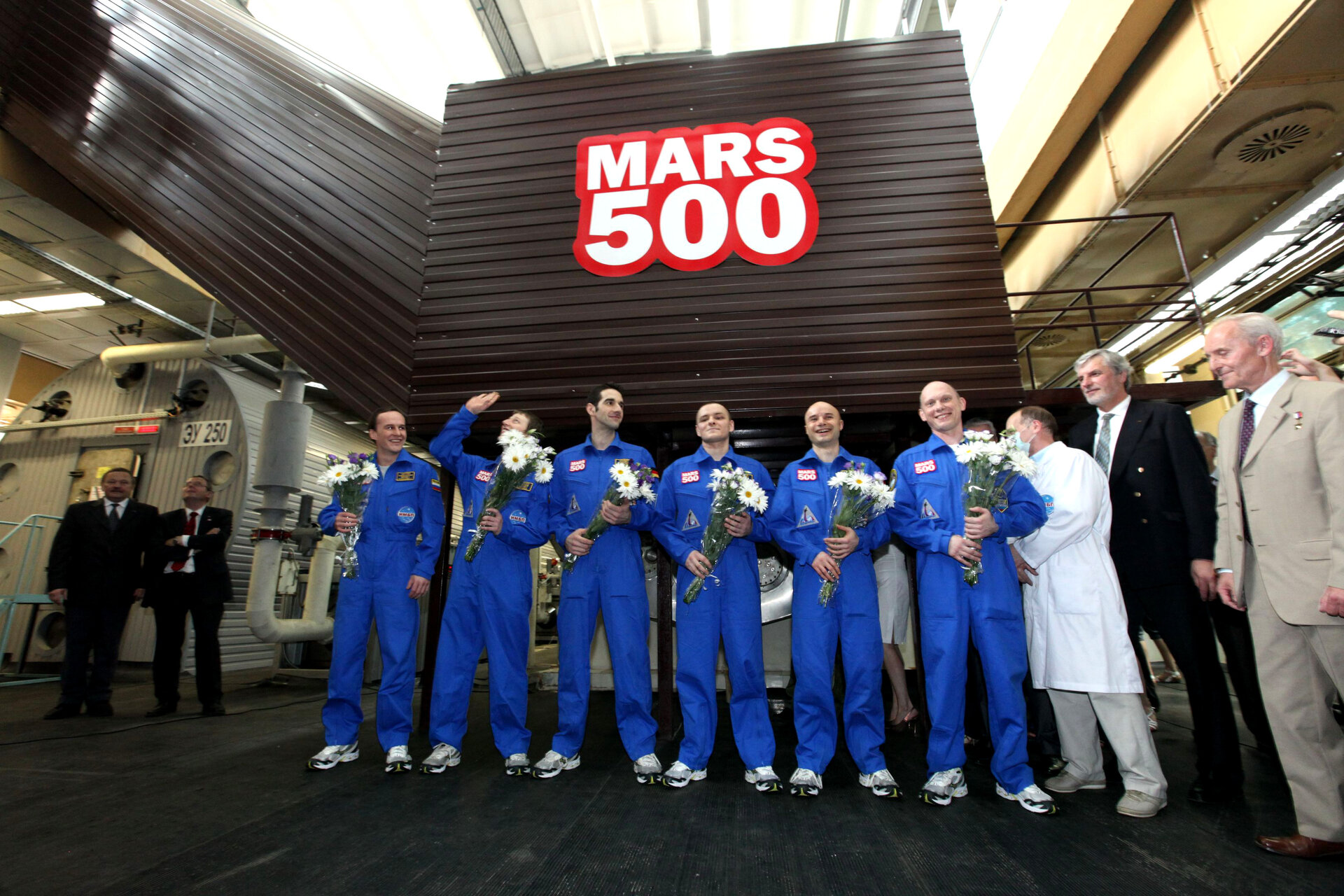 The Mars500 crew shortly after completing their 105-day Mars mission simulation