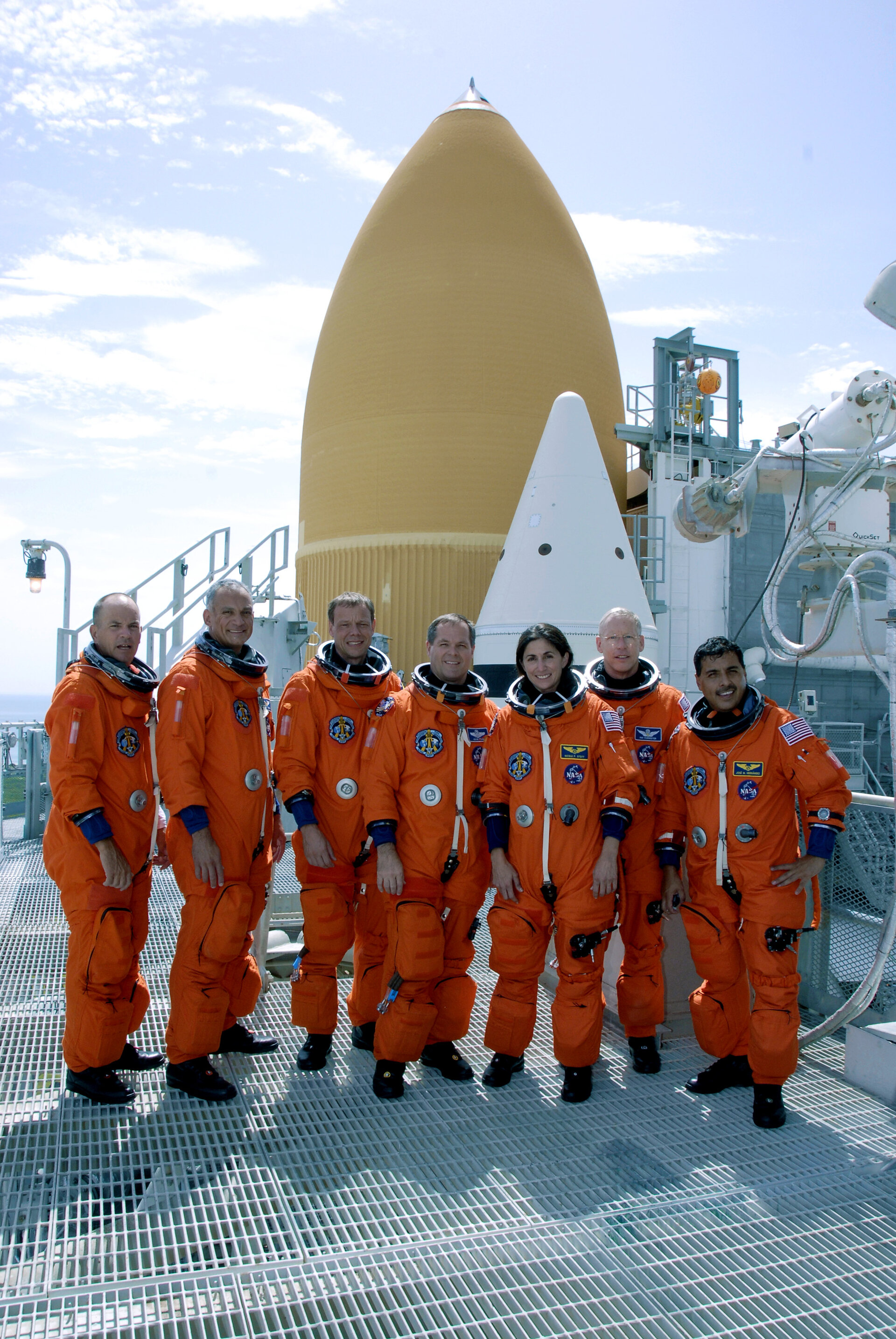 STS-128 crewmembers on the top level of the fixed service structure at Launch Pad 39A