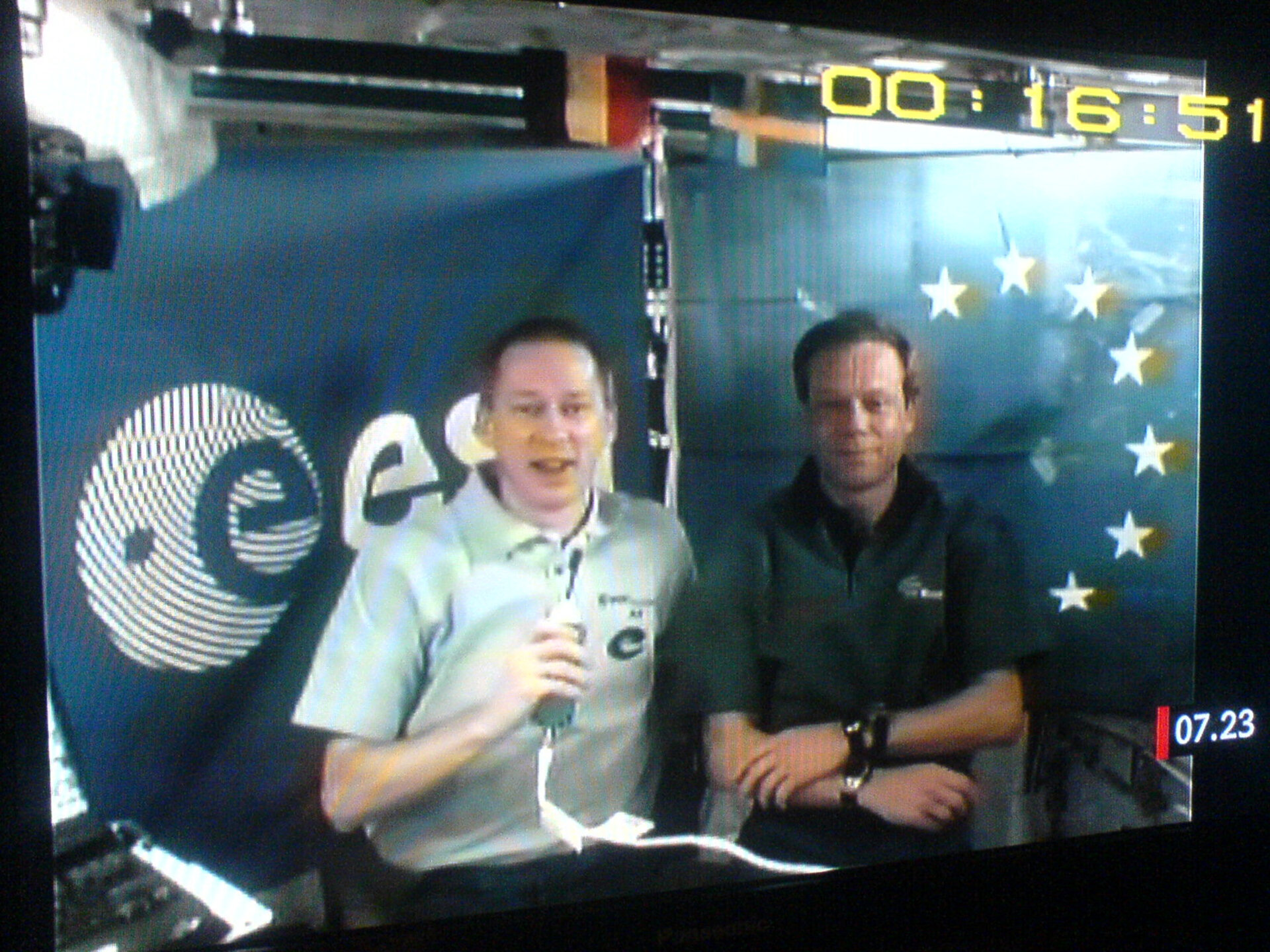 ESA astronauts Christer Fuglesang and Frank De Winne participate in a television interview