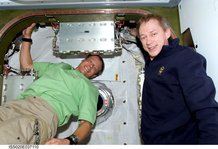 ESA astronauts Frank De Winne and Christer Fuglesang inside the ISS Harmony module
