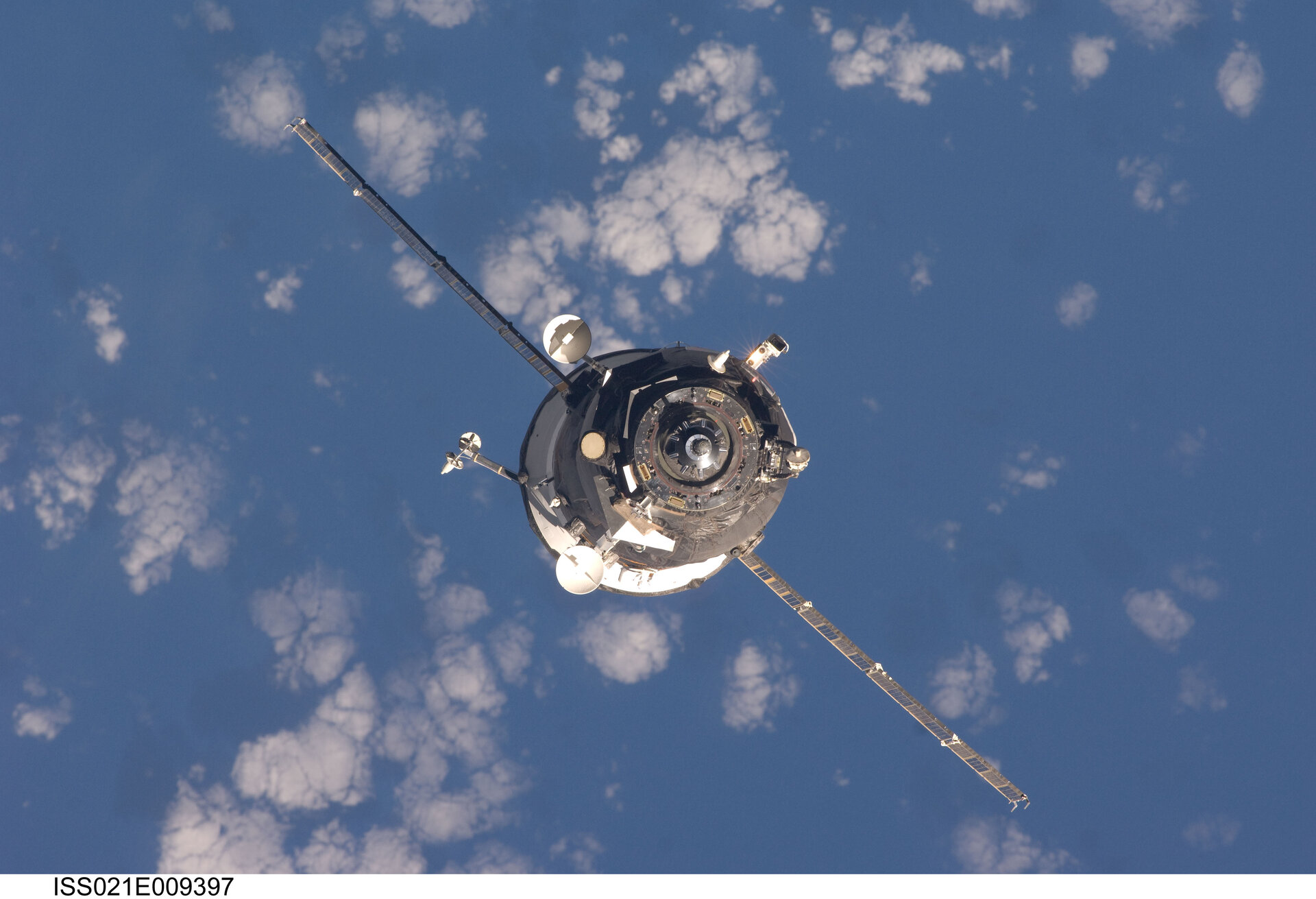 An unpiloted Progress spacecraft approaches the ISS for docking
