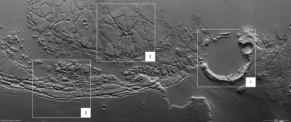 Kasei Valles and Sacra Fossae, annotated nadir view