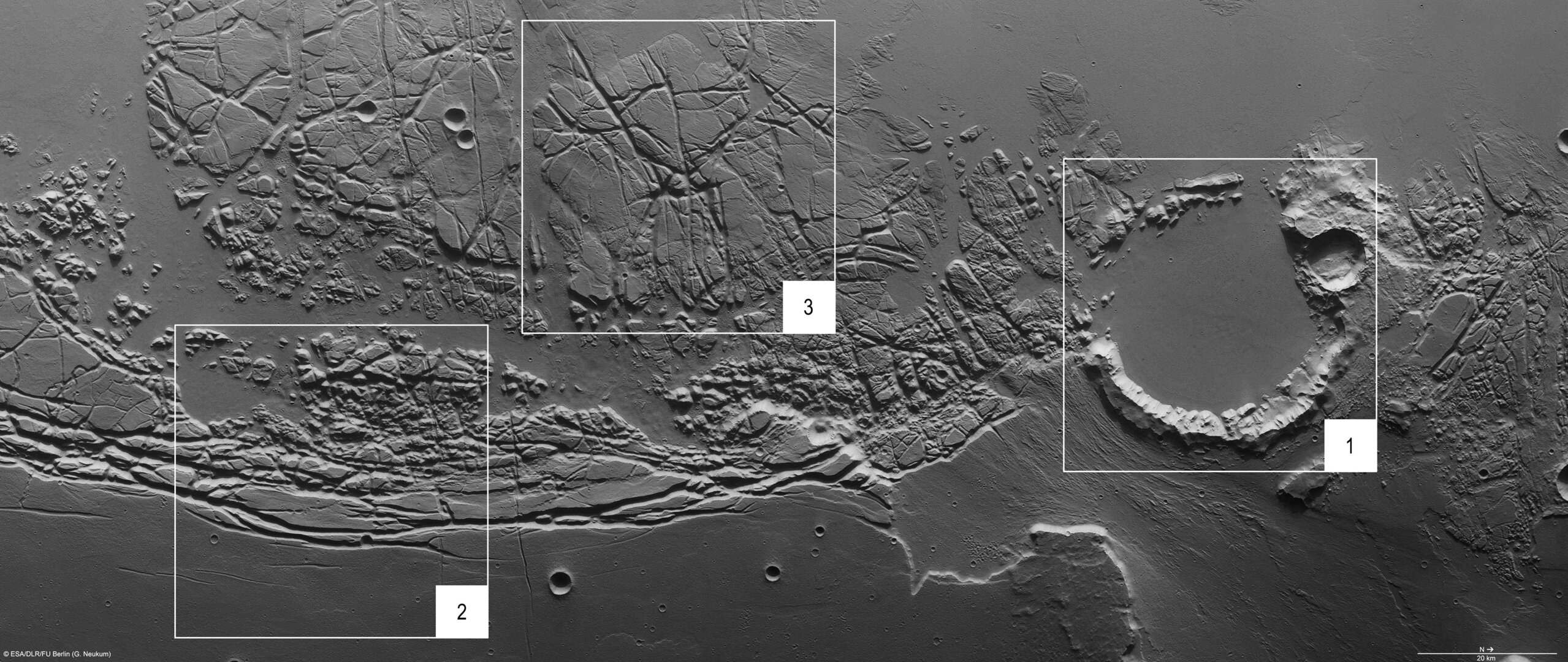 Kasei Valles and Sacra Fossae, annotated nadir view