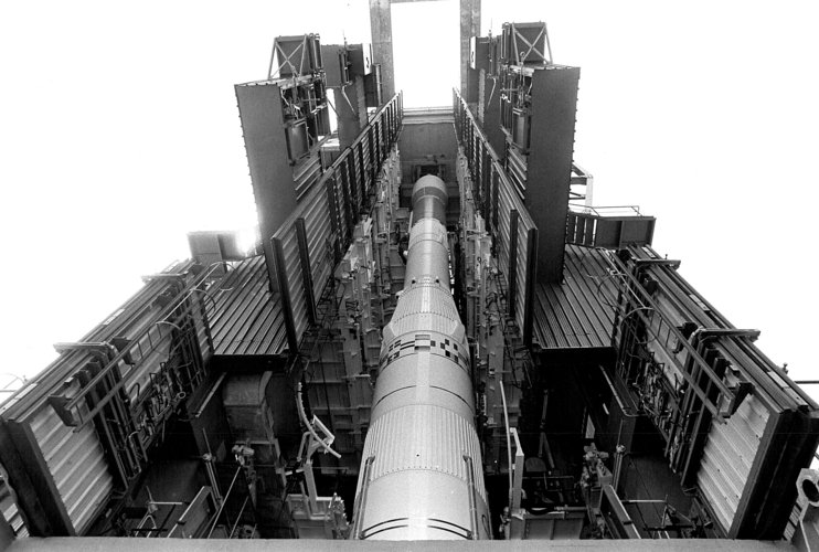 Ariane 'propellant mock-up' erected on the launch site, 1979