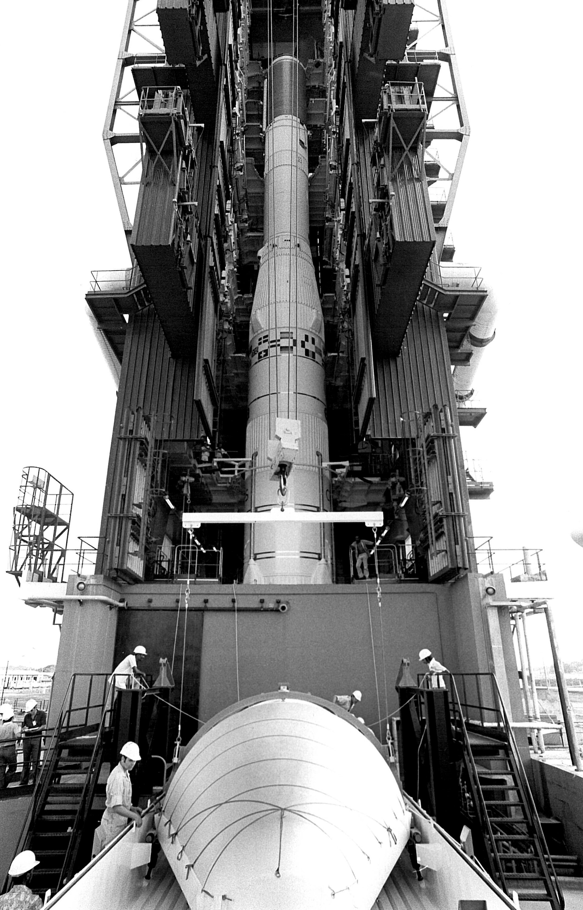 Ariane 'propellant mock-up', erected on the launch site, 1979