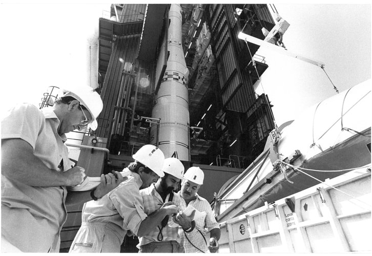 Engineers working on Ariane 'propellant mock-up', 1979