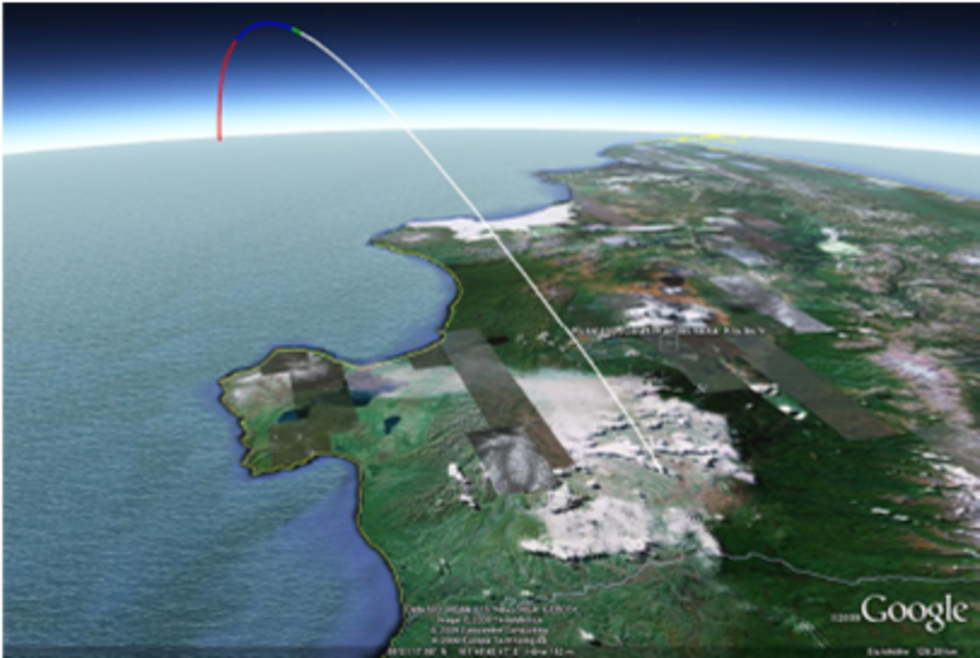 Aerial view of the trajectory looking South from the Kamchatka peninsula