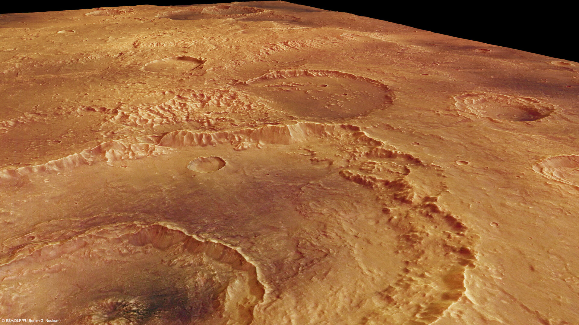 Perspective view of Sirenum Fossae in the Southern Highlands of Mars.
