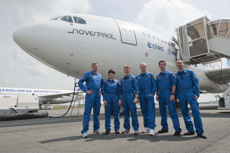 ESA astronauts candidates after a parabolic flight aboard the Airbus A300 Zero-G