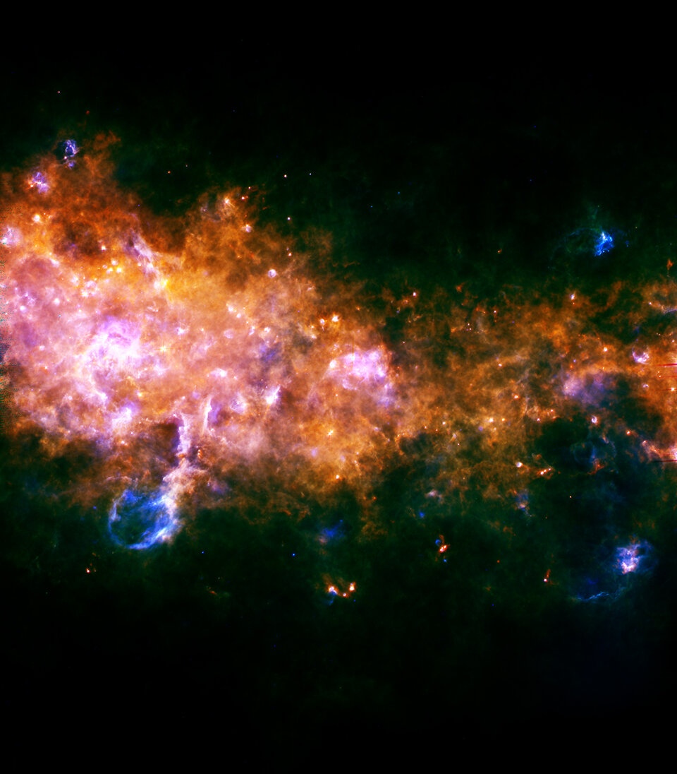 I de lysande regionerna i mitten och till vänster bildas många hundratal nya stjärnor inför Herschels skarpa öga.