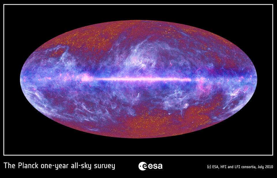 Obloha v mikrovlnném spektru očima družice Planck.