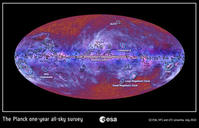 The microwave sky as seen by Planck with objects labeled