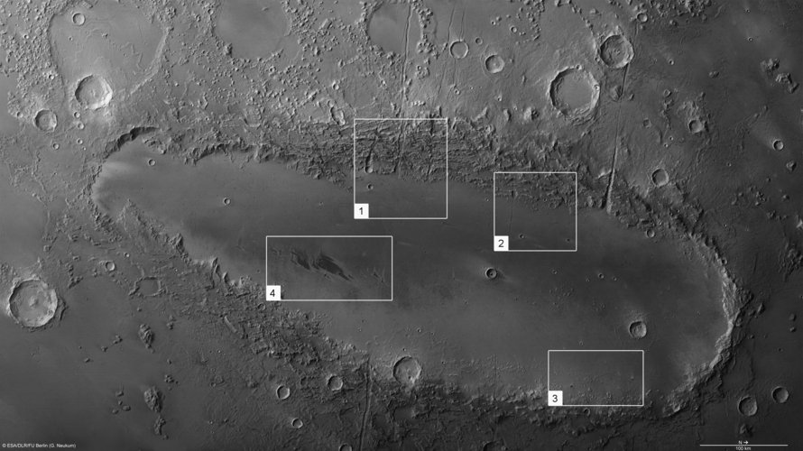 Features in Orcus Patera on Mars