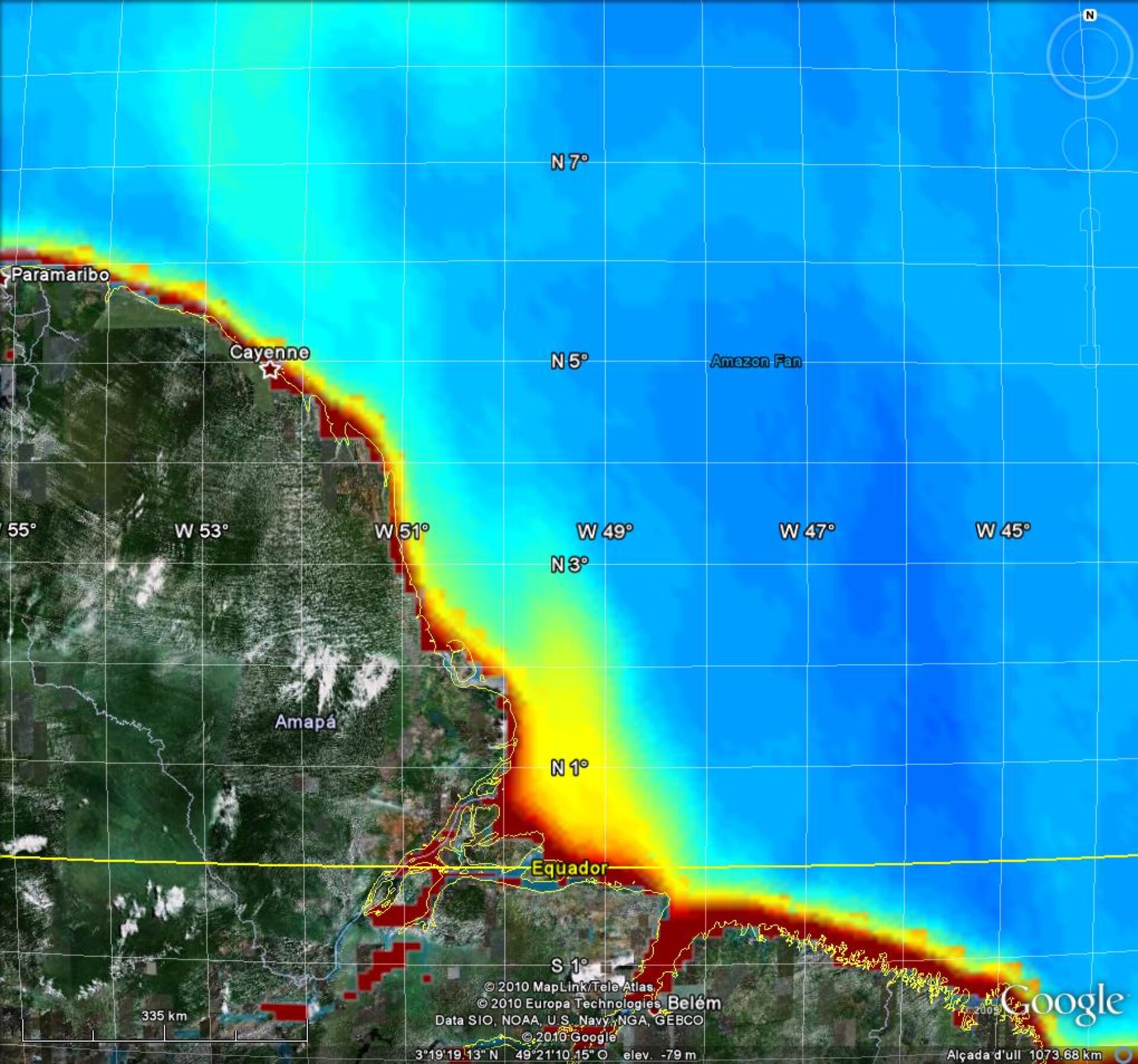 Data fra SMOS viser udbredelsen af ferskvand fra Amazonas.