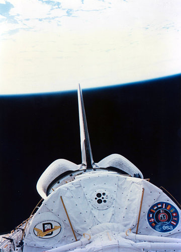 In-orbit view of Spacelab in Challenger's payload bay
