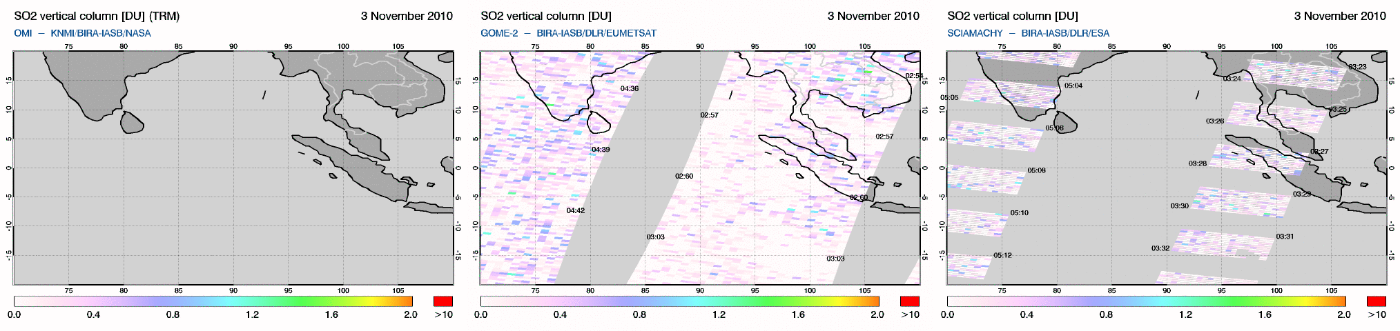 Desplazamiento de la nube de SO2 generada por el volcán Merapi (UV)