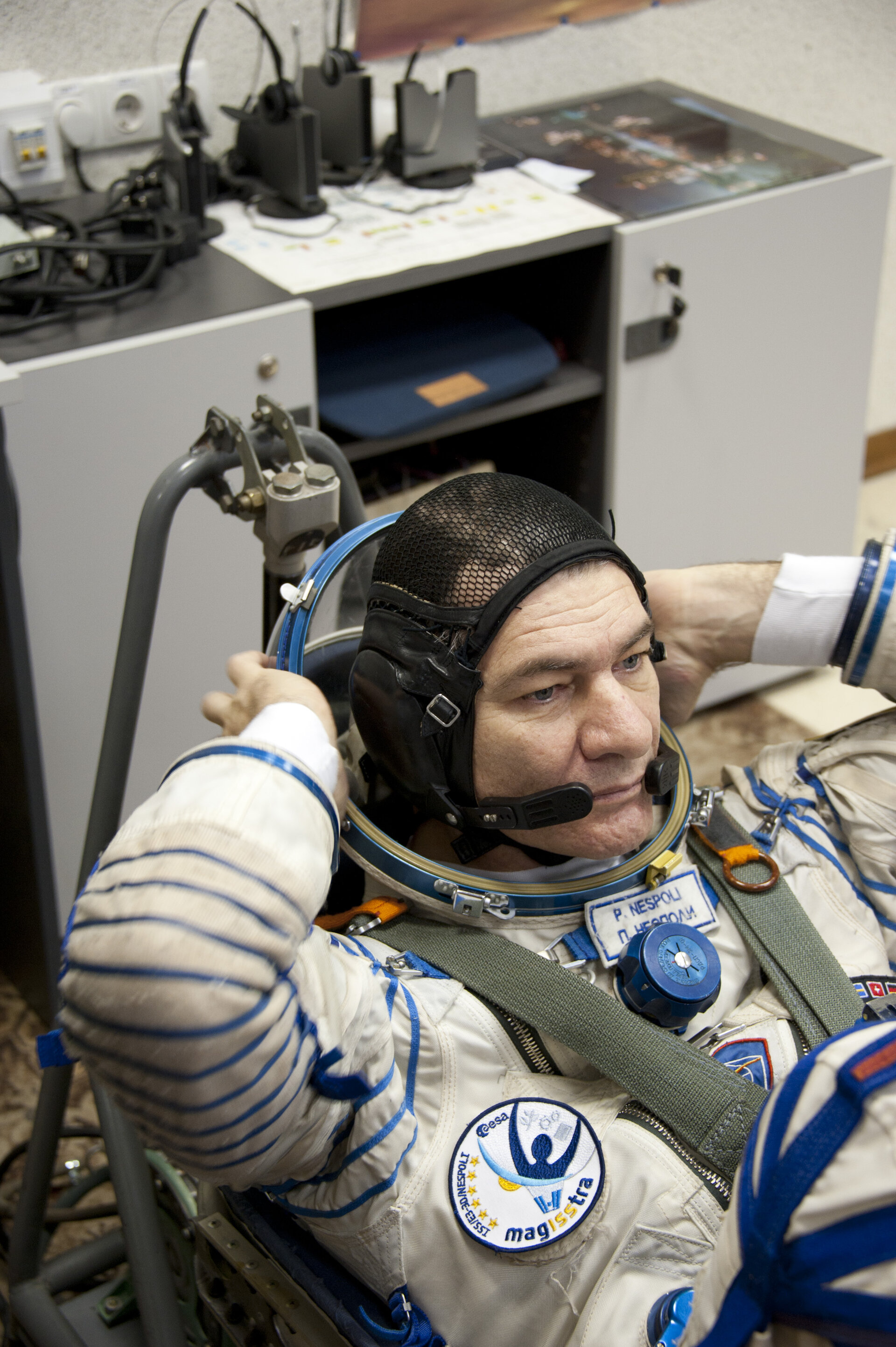 Paolo Nespoli trying on his Russian Sokol suit