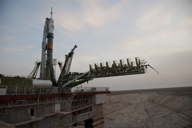 The Soyuz launcher is erected on the launch pad