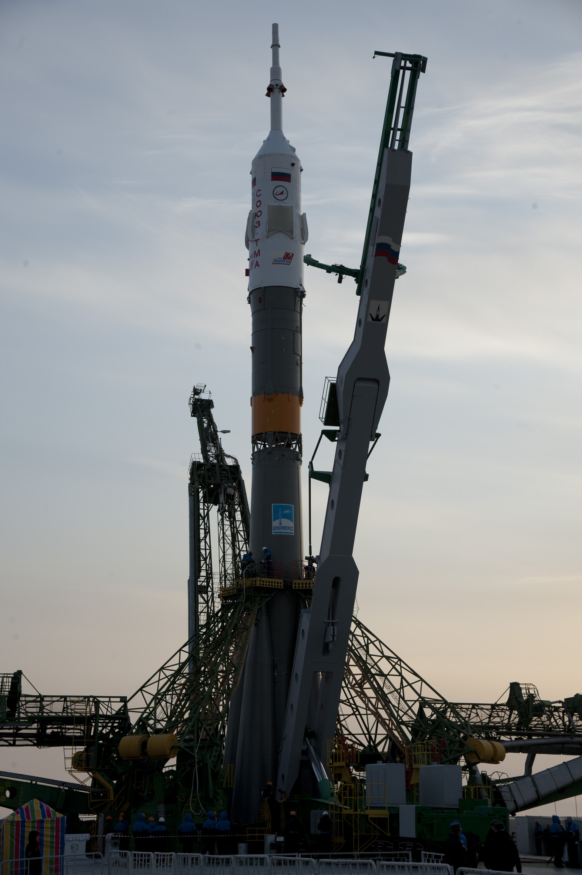 The Soyuz launcher is erected on the launch pad