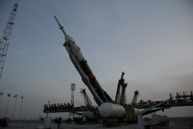 The Soyuz launcher is erected on the launch pad