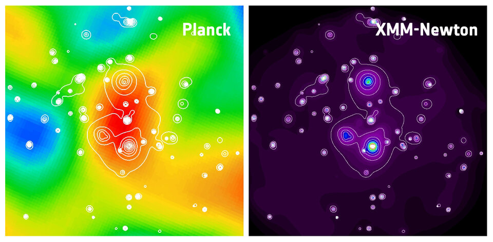 De nieuw ontdekte supercluster van sterrenstelsels PLCK G214.6+37.0